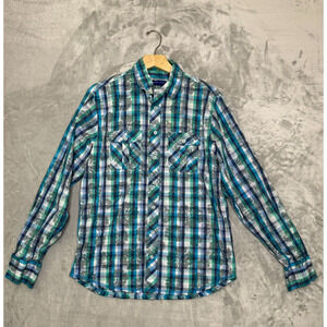 George Roth Shirt Mens Large Blue Plaid Floral Contrast Western Button Tropical